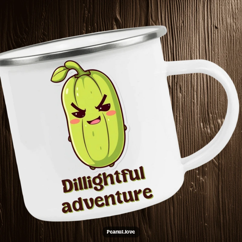 Funny anthropomorphic pickle with a mischievous grin slyly winking on a humorous camping mug, great for outdoors.
