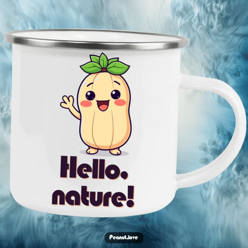 Funny enamel camping mug with a smiling Kawaii peanut waving hello, ready for outdoor fun and friendly greetings.