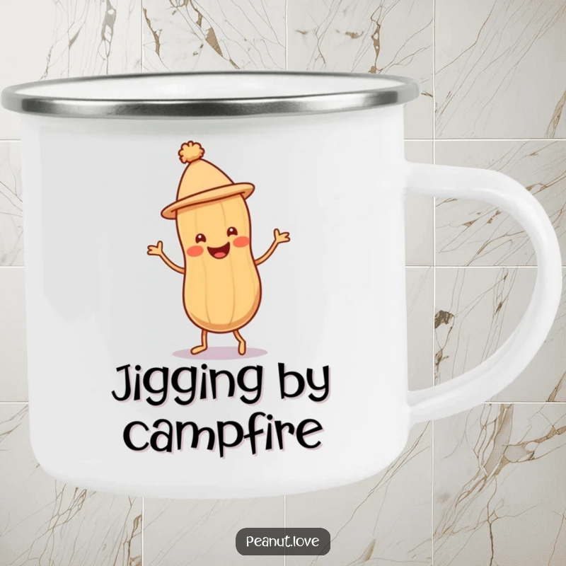 Funny Peanut Jig Camping Mug with a smiling peanut character doing a joyful jig, perfect for outdoor drinks.