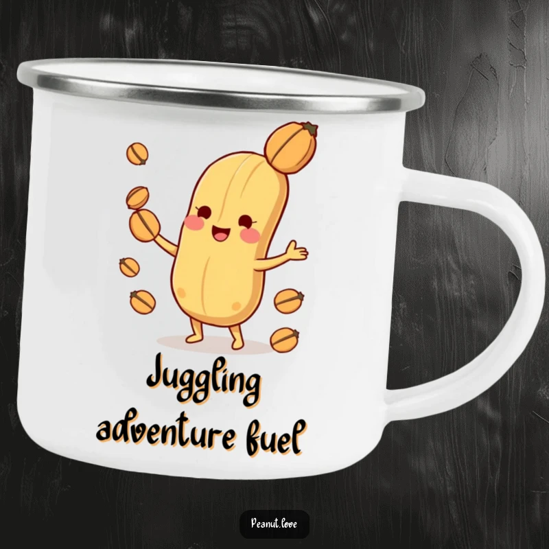 Funny playful peanut character camping mug, joyfully juggling nuts with skill, ready for adventure.
