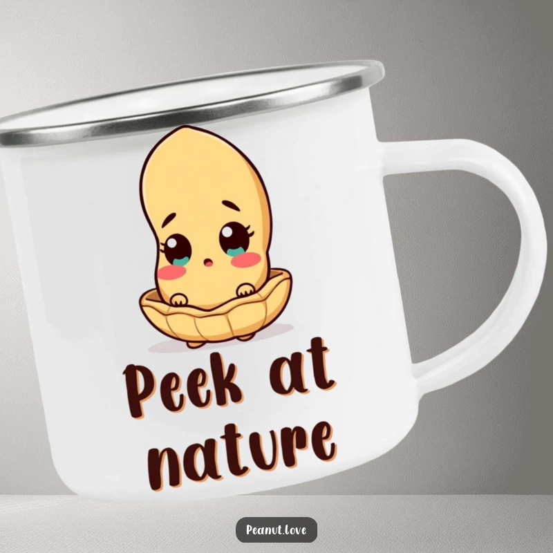 Funny peanut character peeking out from its shell with wide eyes, on a durable camping mug, outdoor surprise.