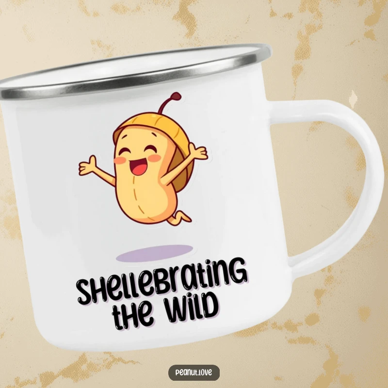 Funny joyful peanut character camping mug, jumping with excitement inside a cheerful shell, ready for adventure.