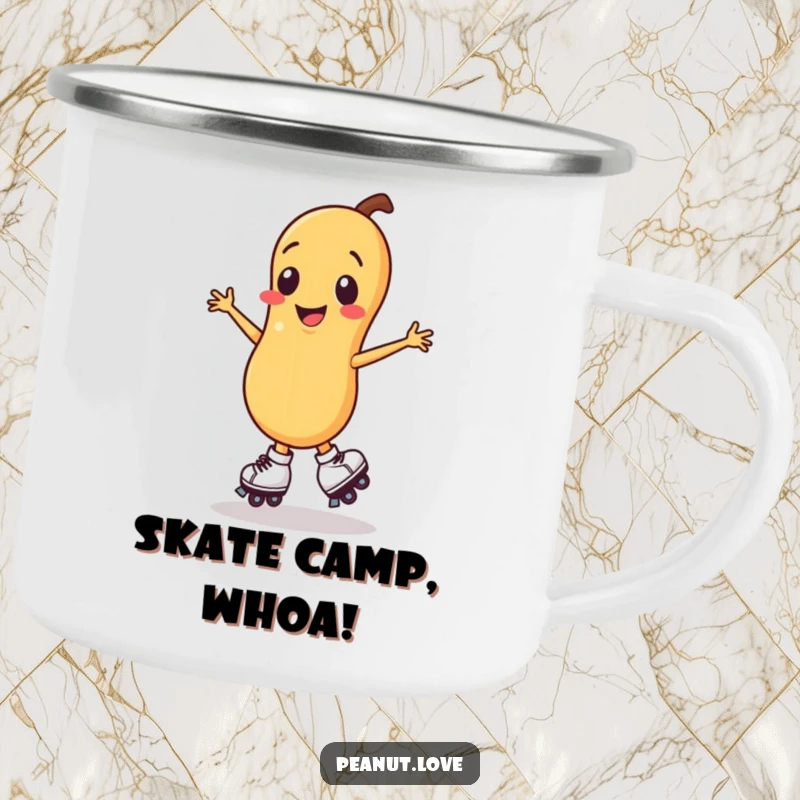 Funny smiling peanut character camping mug, spinning on roller skates.