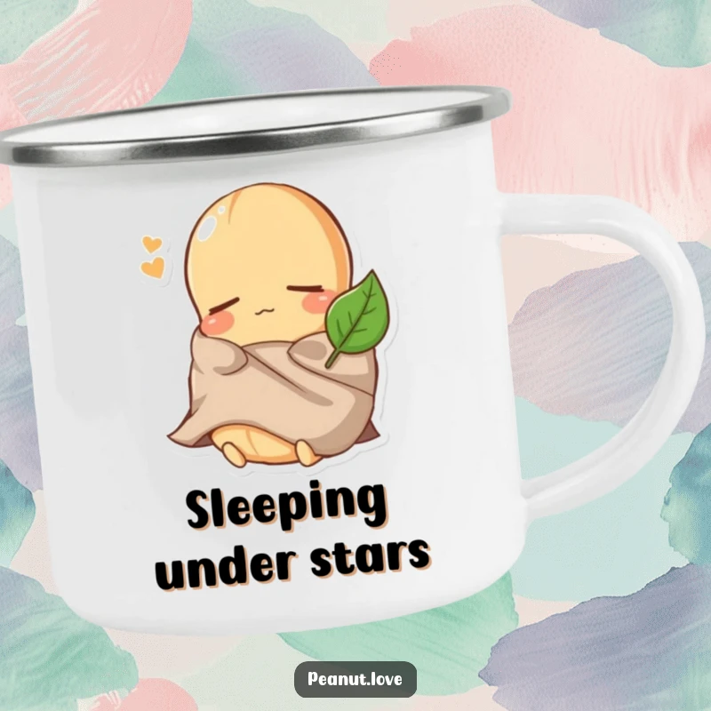 Funny Peanut Camping Mug: A sleepy peanut character is comically bundled under a leaf blanket, ready for your morning brew.