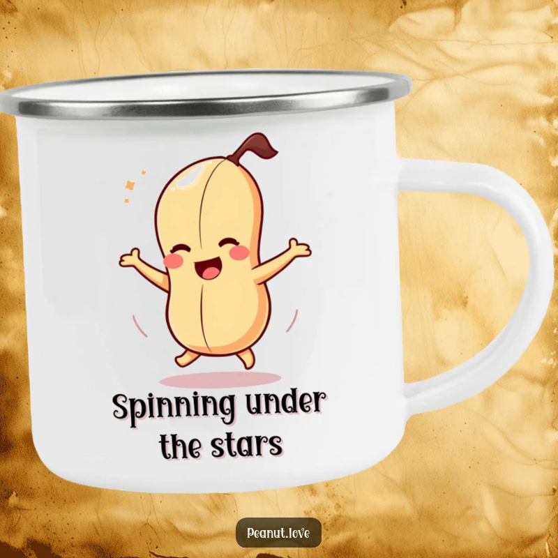 Funny camping mug featuring a dizzy peanut character spinning ecstatically, bringing humor to outdoor adventures.