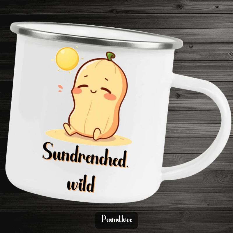 Funny camping mug featuring a kawaii peanut character happily sunbathing, perfect for relaxed outdoor moments and gifting.