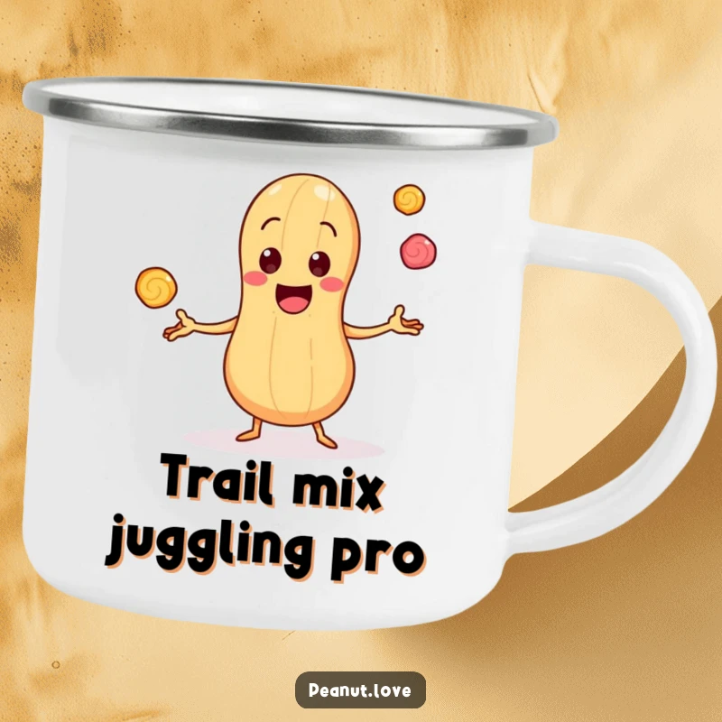 Funny Camping Mug featuring a Cheerful Peanut Character Juggling Tiny Bouncing Candy Pieces, Ideal for Outdoor Fun