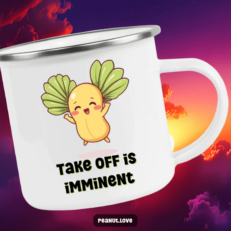 Funny camping mug featuring a determined peanut character attempting flight with fan leaves, perfect for outdoor humor enthusiasts.