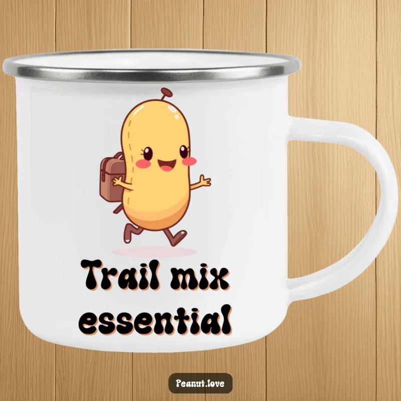 Funny anthropomorphic peanut character camping mug featuring a happy peanut skipping with a small backpack, perfect for outdoor use.