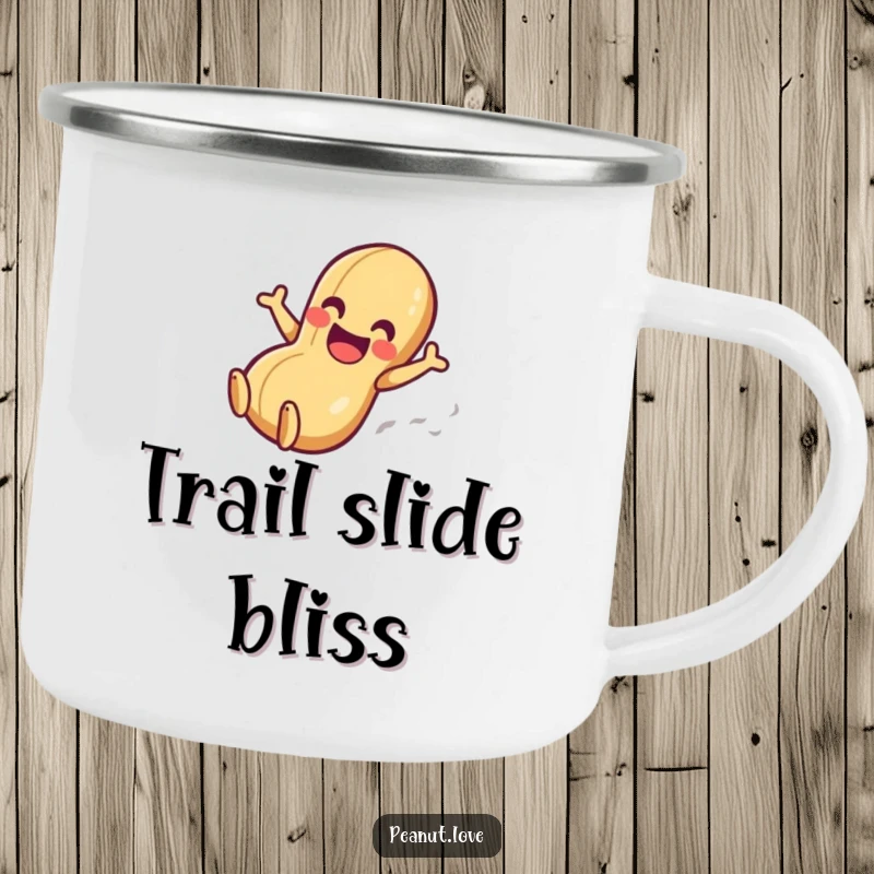 Funny camping mug showing a gleeful peanut character sliding down a smooth surface, perfect for outdoor fun and laughs.