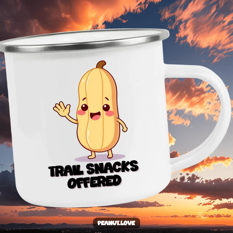 Funny Friendly Wave Camping Mug: A friendly peanut waving and offering a leaf, ready for funny, kind, and rugged outdoor sips.
