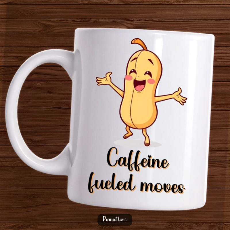 Funny peanut character doing a silly dance with exaggerated arm waves and a joyful expression on a mug.