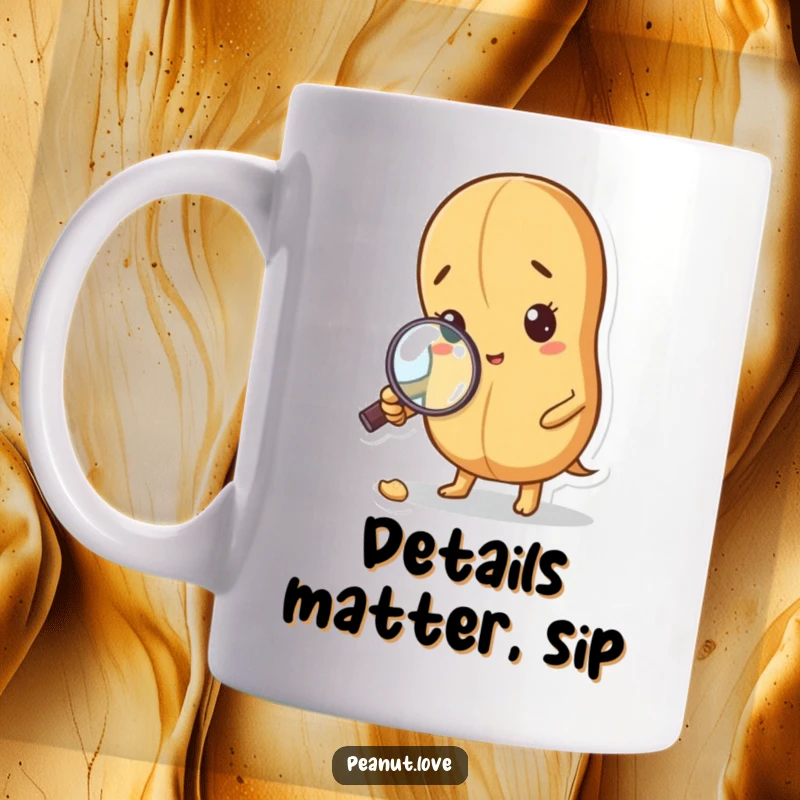 Funny Curious Peanut Mug: A peanut with a magnifying glass inspects a crumb. Detective humor, great funny gift.