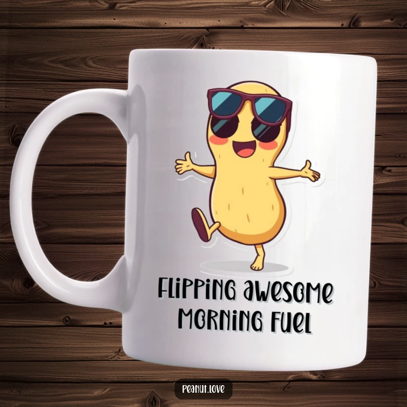 Funny mug with a cool peanut doing a cartwheel, wearing sunglasses and radiating happiness, perfect for sunny days and good vibes.
