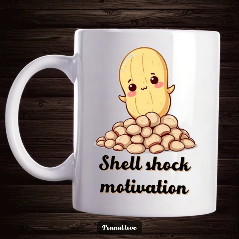 Funny ceramic mug featuring a determined Kawaii peanut character scaling a pile of shells, celebrating ambition and humor.