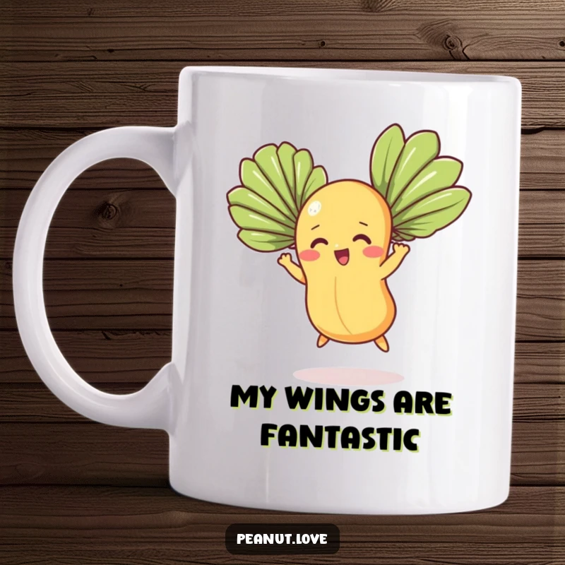 Funny mug featuring a determined peanut character attempting to fly using two giant green fan leaves, showing its silly ambition.