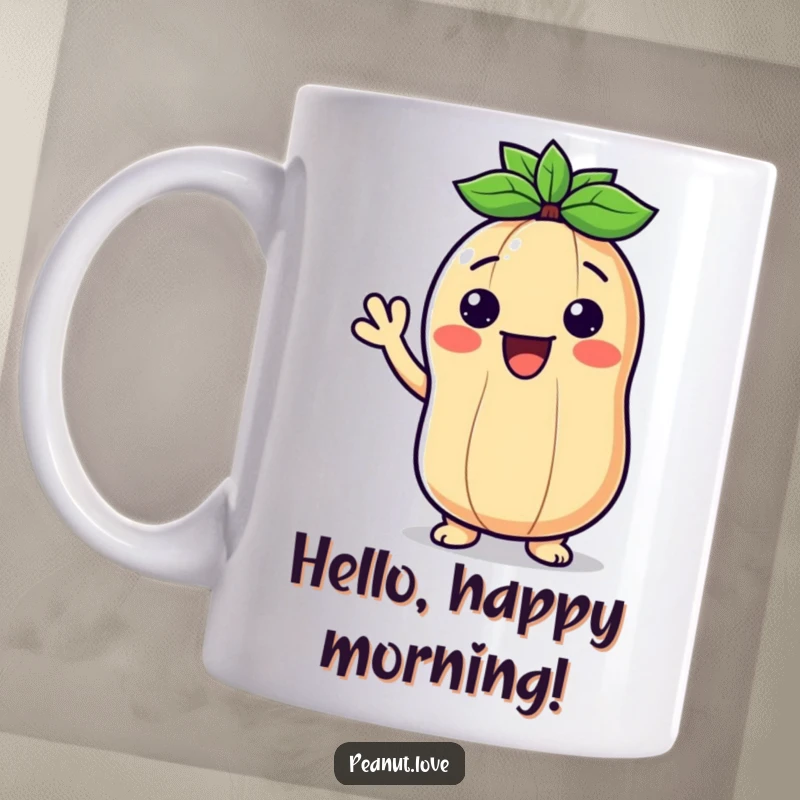 Funny ceramic mug featuring a Kawaii peanut character with a wide smile and a friendly waving hand.