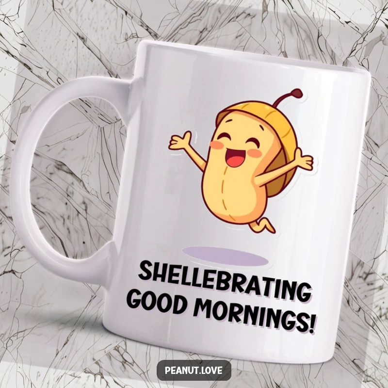 Funny peanut character mug, joyfully jumping inside a cheerful shell, full of excitement and nutty glee.