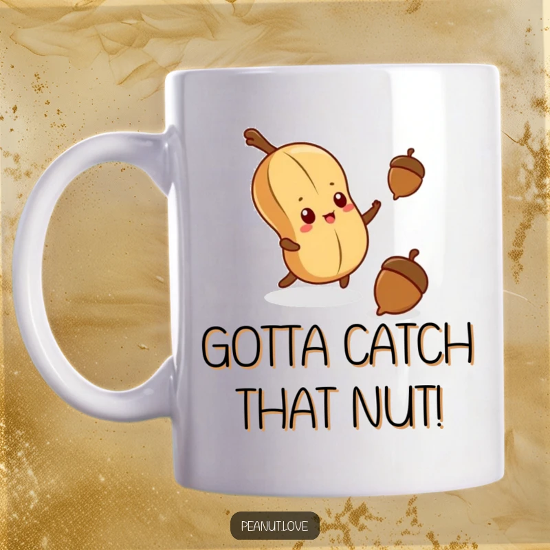 Funny mug featuring a kawaii peanut with a determined face, reaching with all its might for a swiftly falling acorn.