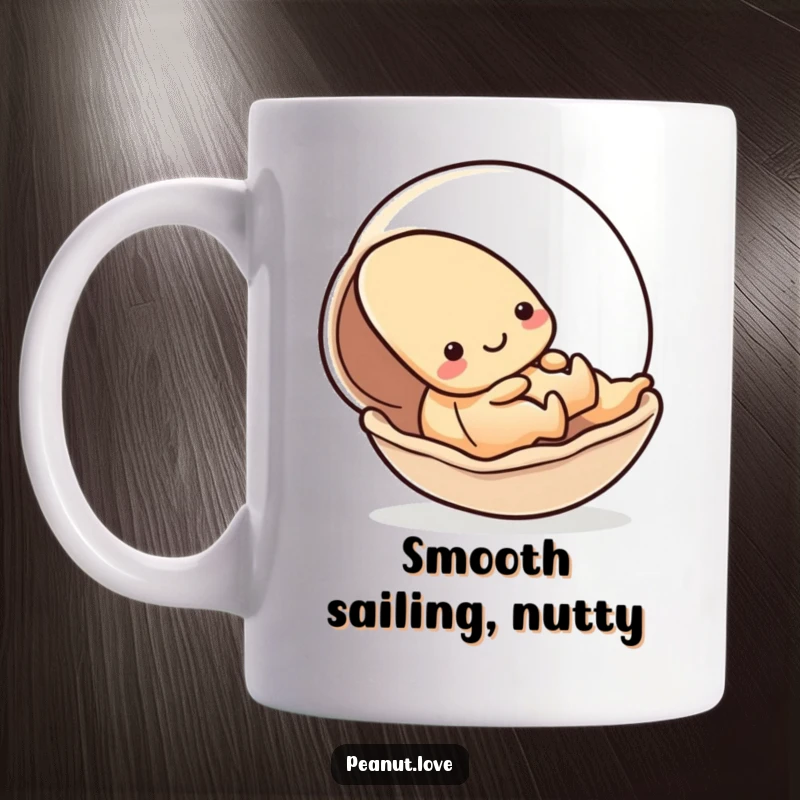 Funny mug featuring a kawaii peanut character playfully sliding down a smooth shell, capturing a moment of joyful motion; a gift.