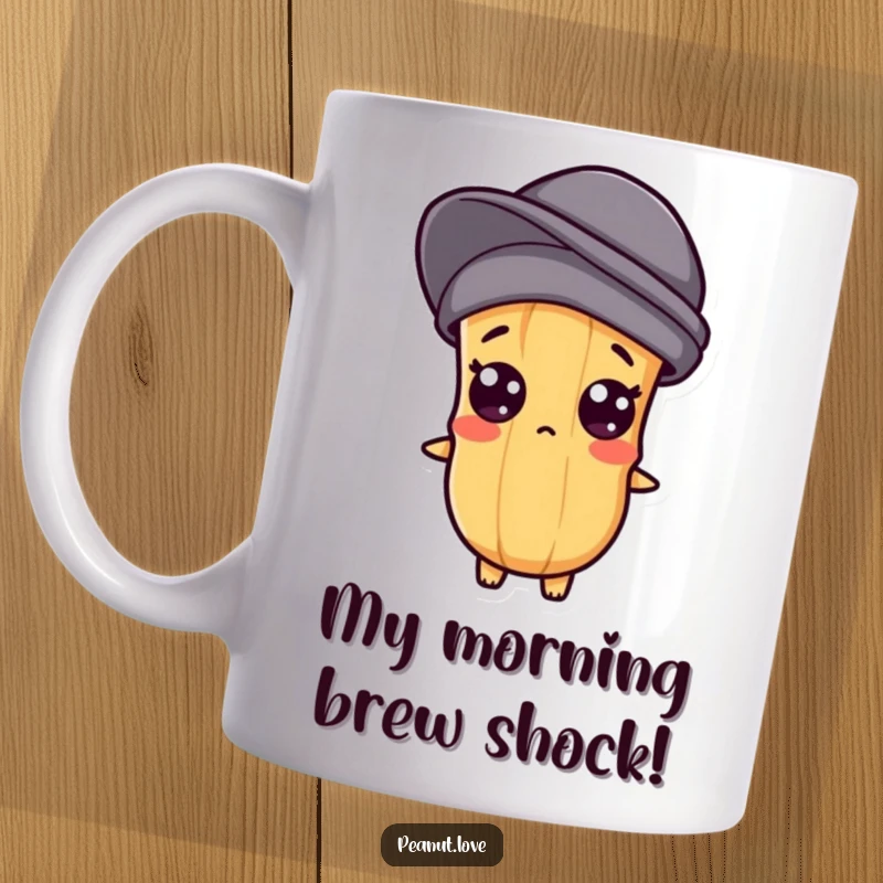 Funny mug depicting a cute Kawaii peanut character with its eyes popping out in a state of utter surprise.