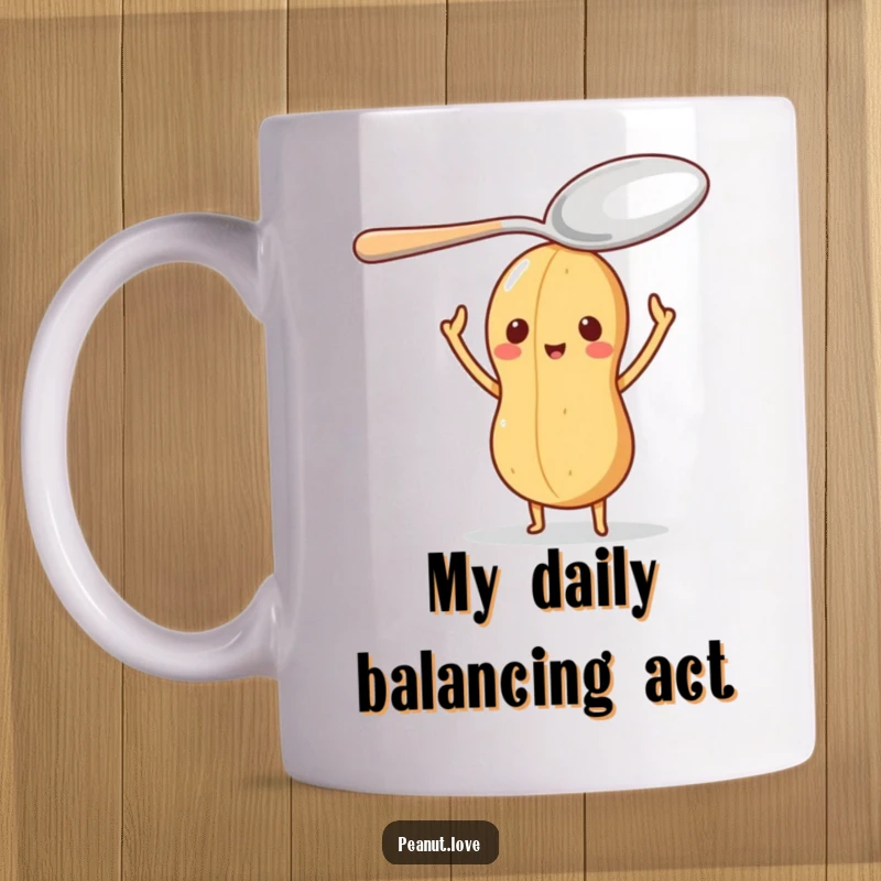 Funny mug depicting a little peanut character precariously balancing an oversized spoon on its head.