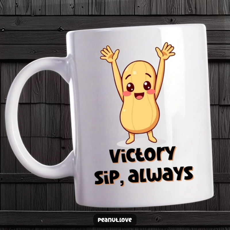 Funny mug featuring a peanut character with arms raised high in a comical, triumphant celebratory pose.
