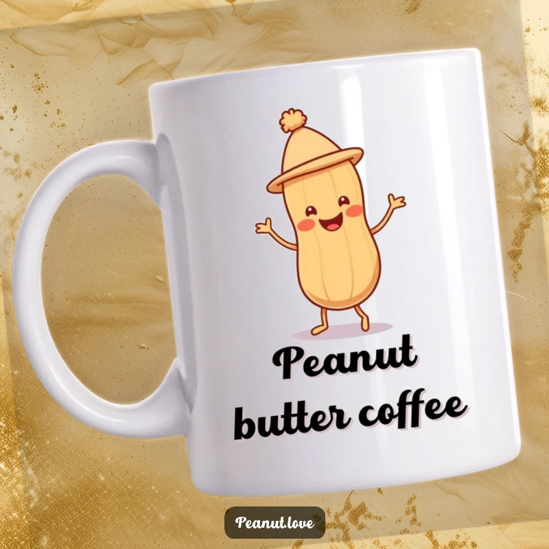 Funny Peanut Jig Mug with a smiling peanut character wearing a tiny hat, joyfully doing a jig, radiating happiness.
