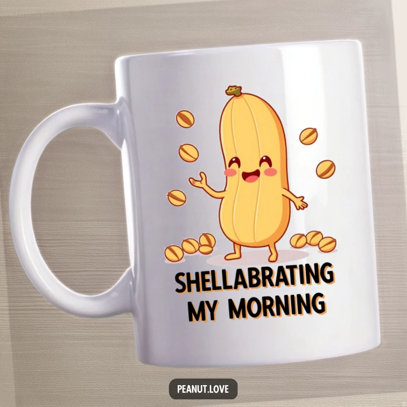 Funny Peanut Juggling Mug: An anthropomorphic peanut character comically juggles tiny nuts with its shell, showcasing hilarious dexterity, a great funny gift.