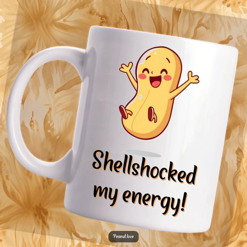 Funny mug showing a happy peanut character kicking its legs mid-air with a burst of energy, symbolizing joy and activity.