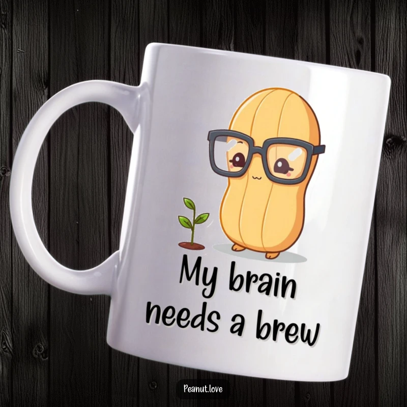 Funny peanut character with big glasses, thoughtfully observing a small plant sprout, ideal for a humorous coffee mug.