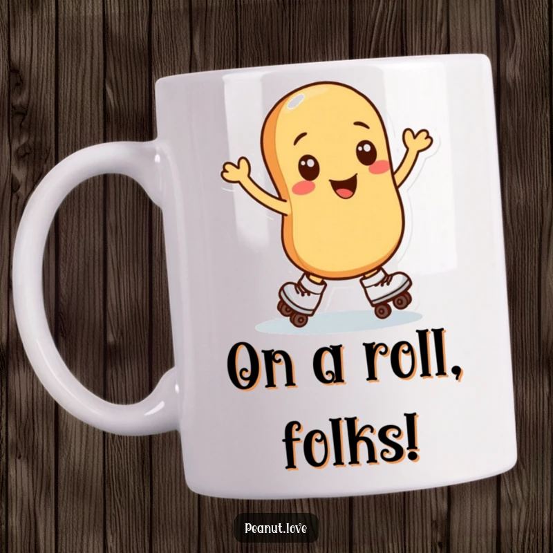 Funny mug with a smiling peanut character in roller skates performing a graceful spin, capturing pure nutty delight and roller skating fun.