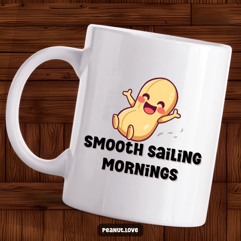 Funny mug showcasing an anthropomorphic peanut character gleefully sliding down a smooth surface with pure delight and abandon.
