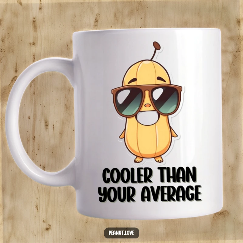 Funny peanut character wearing oversized sunglasses with a wide grin, ready for a sunny day on a cool mug.