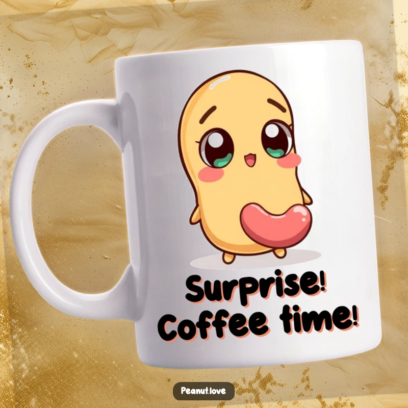 Funny mug showing a peanut character with wide, excited eyes reacting to a jellybean falling from above, a moment of sweet surprise.