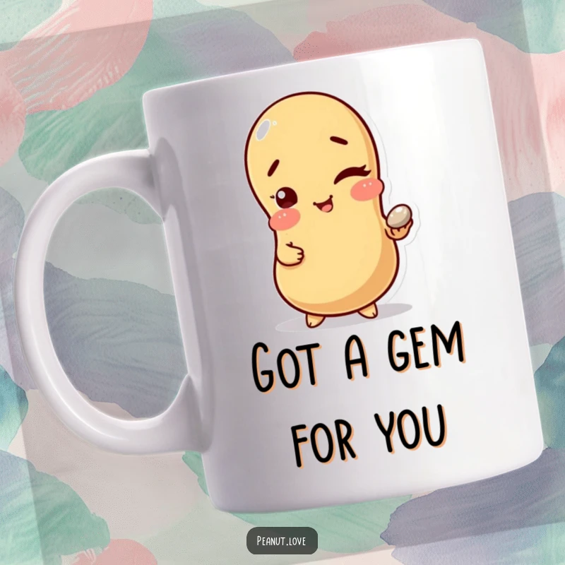 Funny Winking Peanut Mug: A peanut character winking playfully and holding a small shiny pebble, representing secret fun and nutty charm.