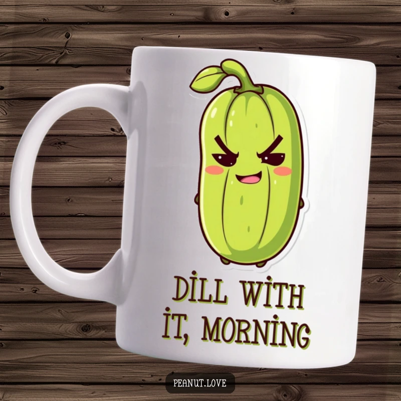 Funny anthropomorphic pickle with a mischievous grin slyly winking on a humorous mug, a great gift.