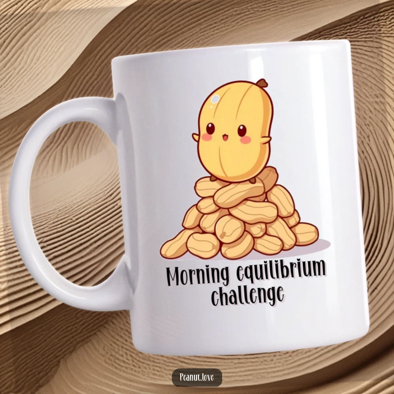 Funny mug showing a bewildered peanut precariously trying to balance on a wobbly, unstable stack of other peanuts.
