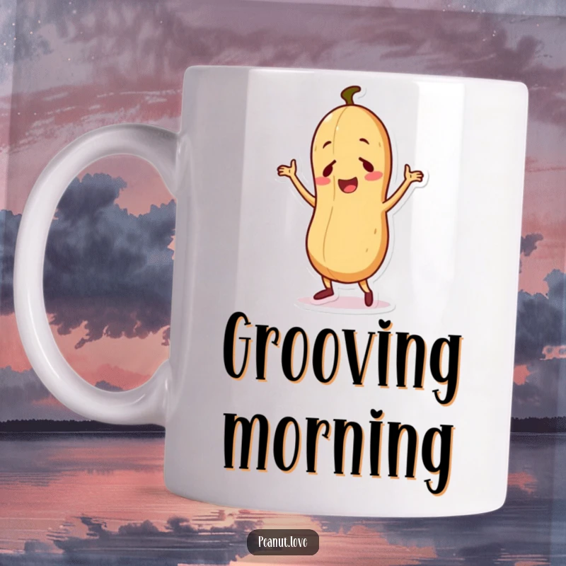 Funny mug showing a cute anthropomorphic peanut character in mid-dance, with a joyful and silly expression.