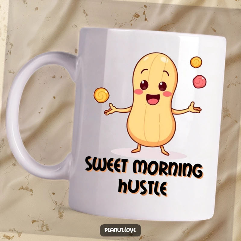 Funny Mug: Cheerful Peanut Character Juggling Three Tiny Bouncing Candy Pieces, Evoking Joy and Sweetness