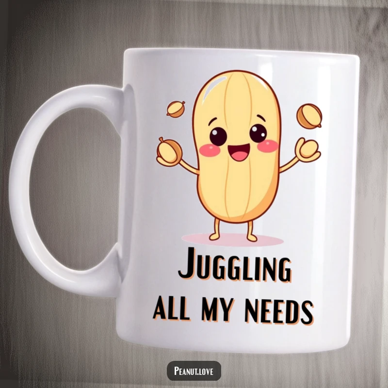 Funny kawaii mug featuring a cheerful anthropomorphic peanut character with a wide grin, skillfully juggling three small nuts.