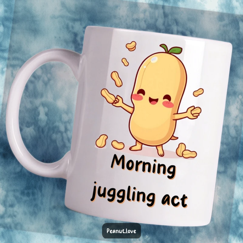 Funny ceramic mug featuring a cute Kawaii peanut character happily juggling smaller peanuts, spreading cheer and laughter.