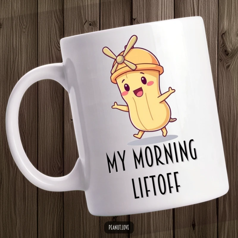 Funny mug showing a peanut character wearing a tiny propeller hat, comically attempting to fly.