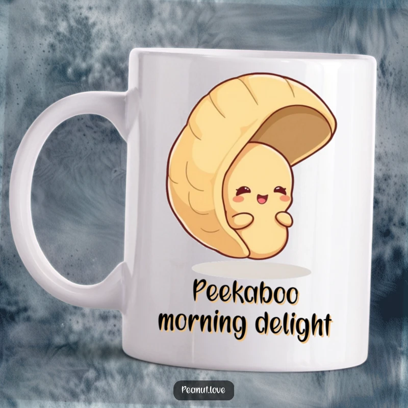 Funny mug showing a shy peanut peeking from behind a large peanut shell, with a subtle giggle escaping its lips.