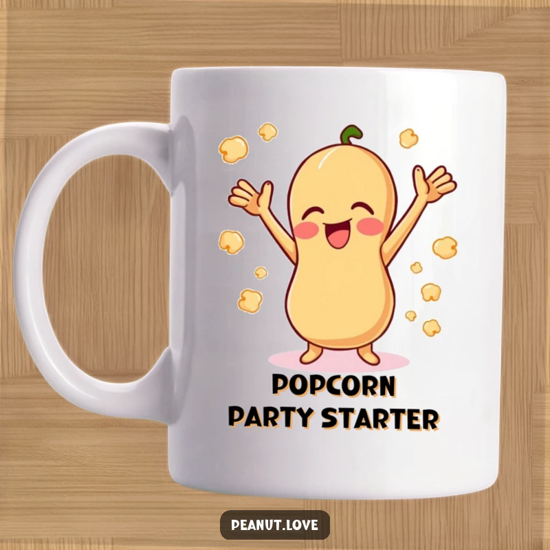 Funny Giggling Peanut Mug: A happy peanut giggling with arms up, surrounded by popcorn. A joyful cartoon for a funny gift.