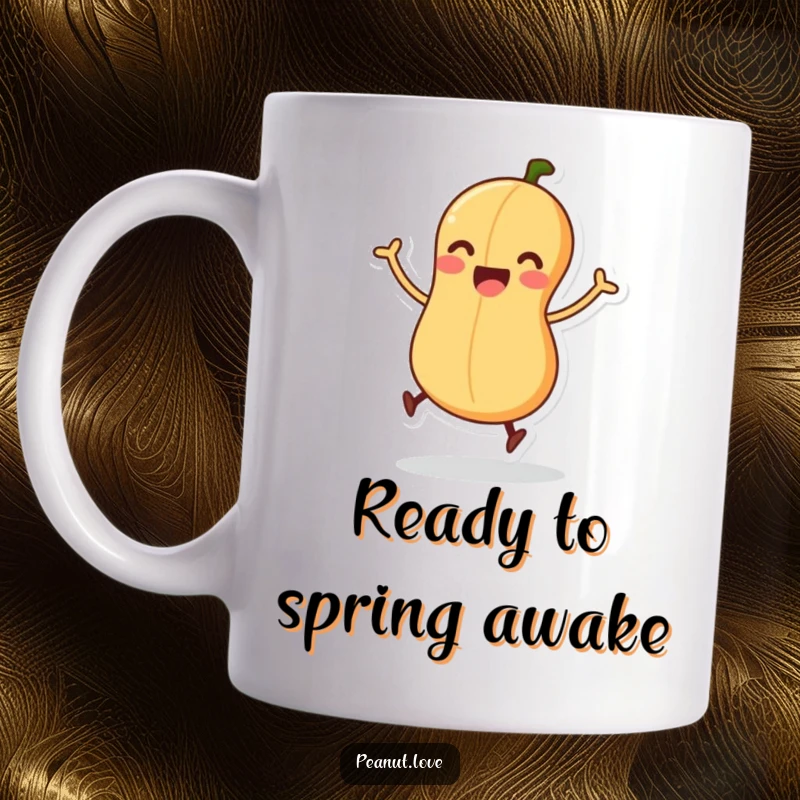 Funny mug with an excited peanut character wiggling its legs, poised for a joyful little jump.