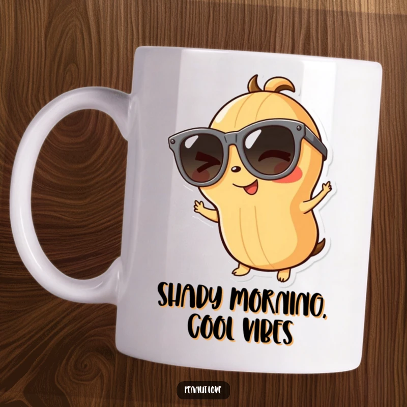 Funny playful peanut mug featuring a character in oversized sunglasses winking, exuding coolness and fun, a stylish funny gift.