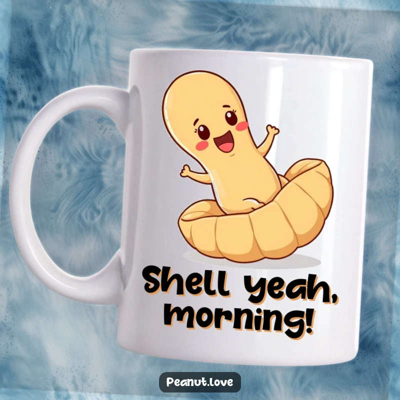 Funny mug featuring a determined peanut joyfully rolling downhill inside a giant peanut shell, embracing the nutty adventure.