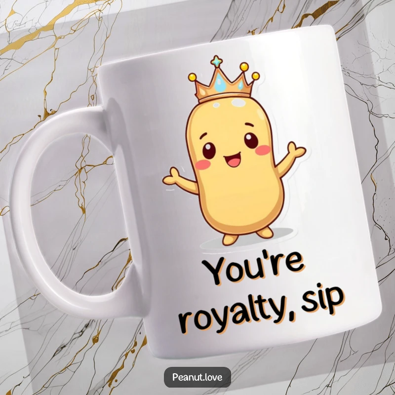 Funny Happy Peanut Crown Mug: A smiling peanut offers a tiny sparkling crown. A regal and funny gift idea.