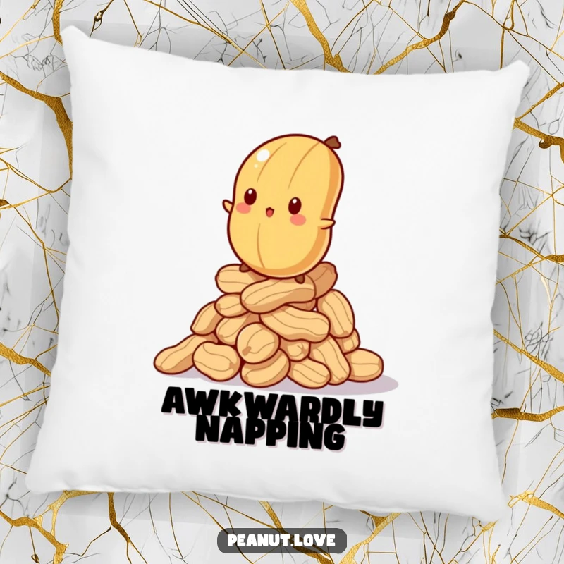 Funny pillow showing a bewildered peanut balancing on a wobbly stack of peanuts, offering humorous comfort and decor.